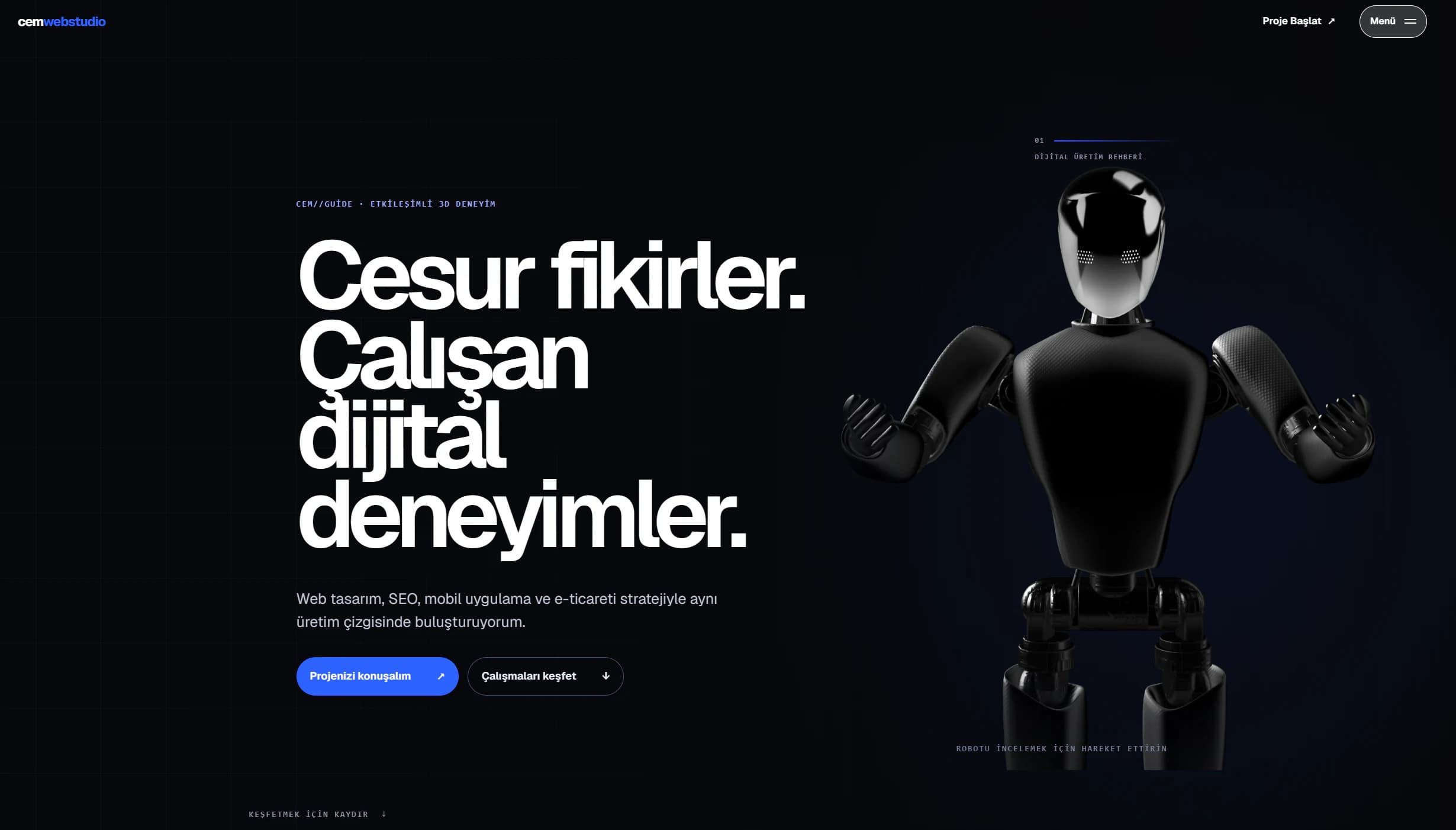 cemwebstudio stüdyo portfolyosunun 3B robot sahneli ana sayfası