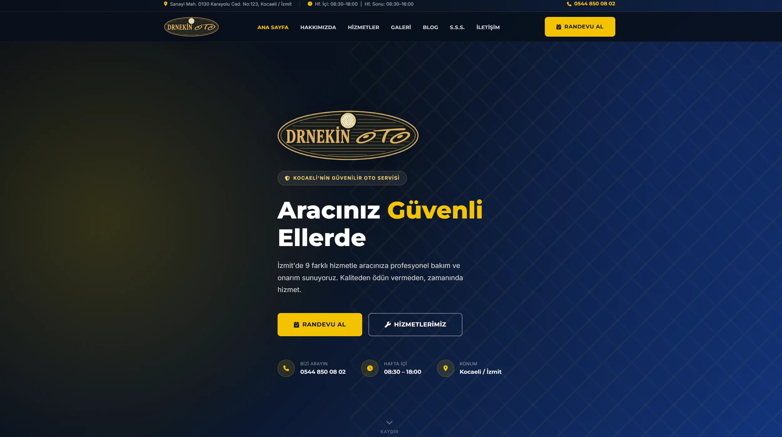 DRNEKİN OTO otomotiv servis web sitesinin hizmet bölümlerini gösteren ana sayfası